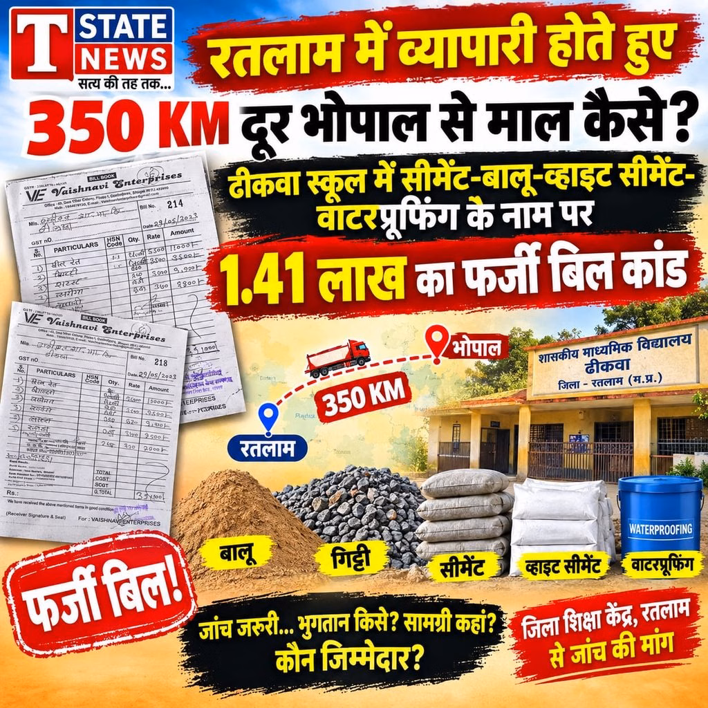 HEADING: रतलाम में व्यापारी होते हुए 350 KM दूर भोपाल से माल कैसे? ढीकवा स्कूल में सीमेंट-बालू-व्हाइट सीमेंट-वाटरप्रूफिंग के नाम पर 1.41 लाख का फर्जी बिल कांड 1 14061